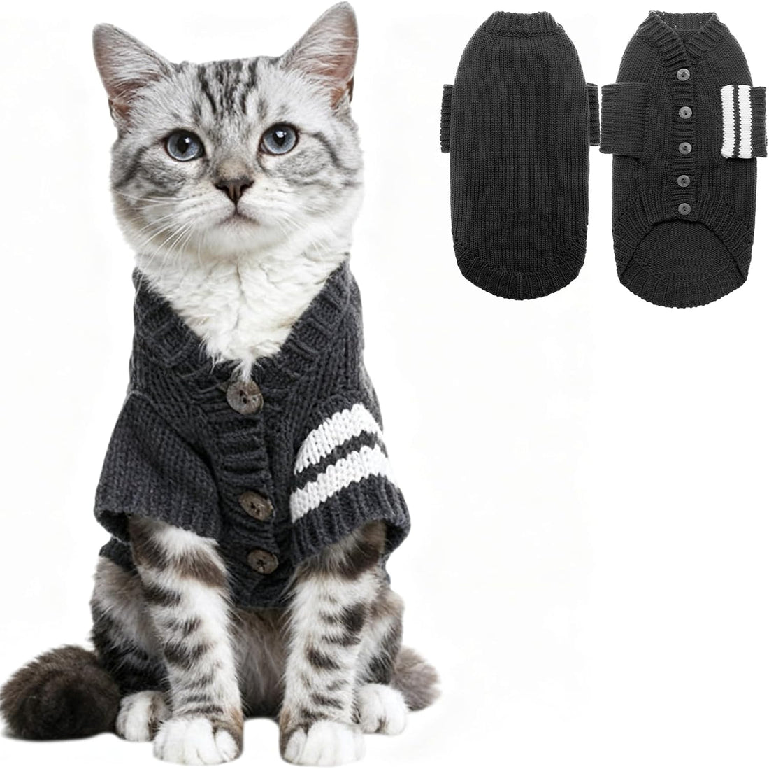 EXPAWLORER Knit Cat Sweater - Soft Warm Cat Clothes Cardigan, Grey S