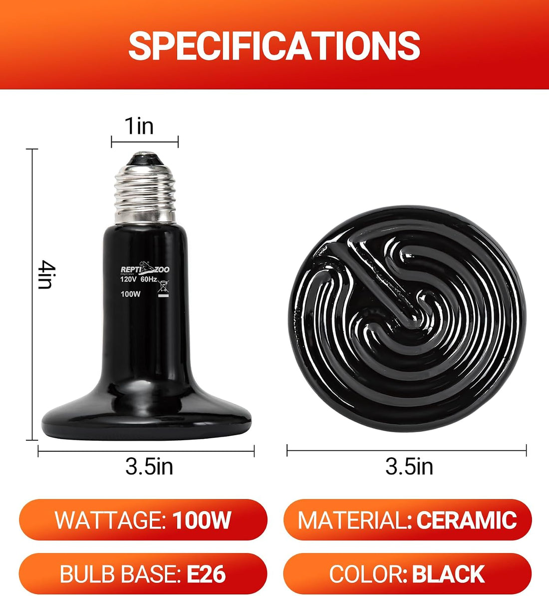 REPTI ZOO 100W Reptile Heat Lamp 2Pack Ceramic Heat Emitter Night