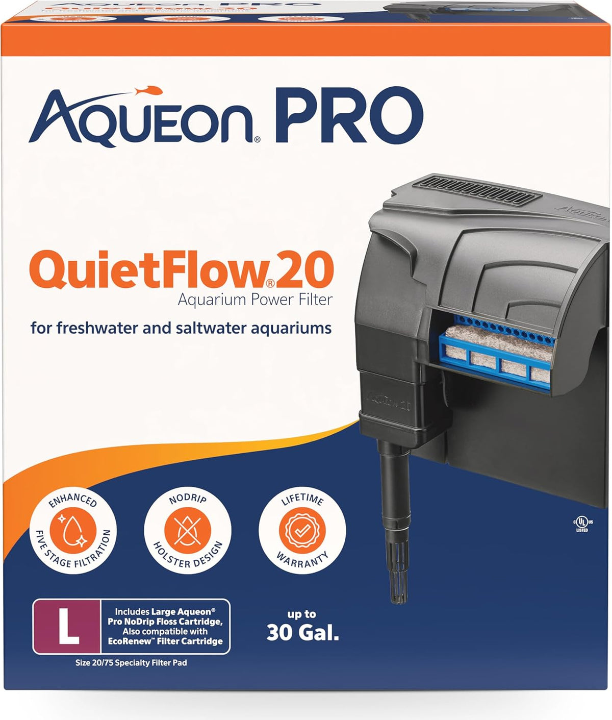 Aqueon QuietFlow 20 LED PRO Aquarium Fish Tank Power Filter For Up