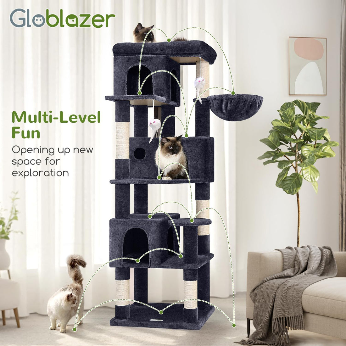 Globlazer F66 Corner Cat Tree, 66in Multi-Level Climbing Tower
