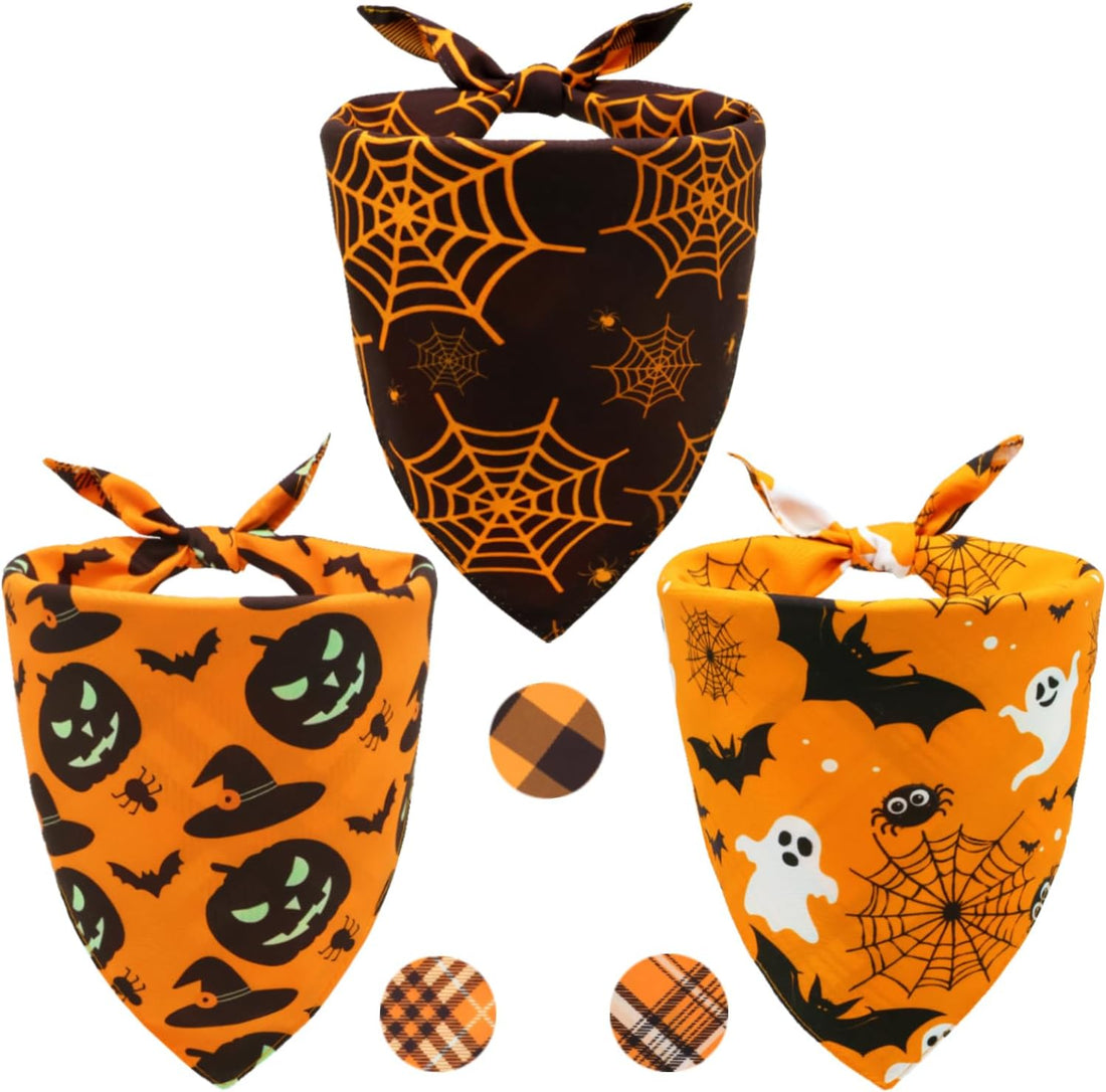 Halloween Dog Bandanas 3 Pack Large Fall Pet Scarf Orange Plaid
