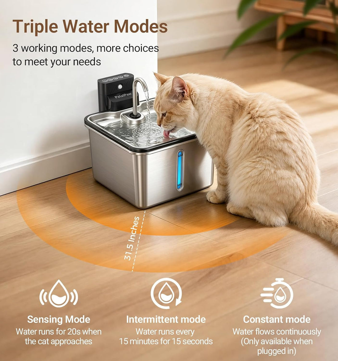 Wireless Cat Water Fountain, Water & Battery Separation, Faucet Design