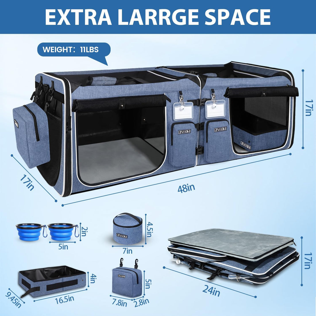 Petskd Double Extra Large Cat Carrier with Litter Box, Blue
