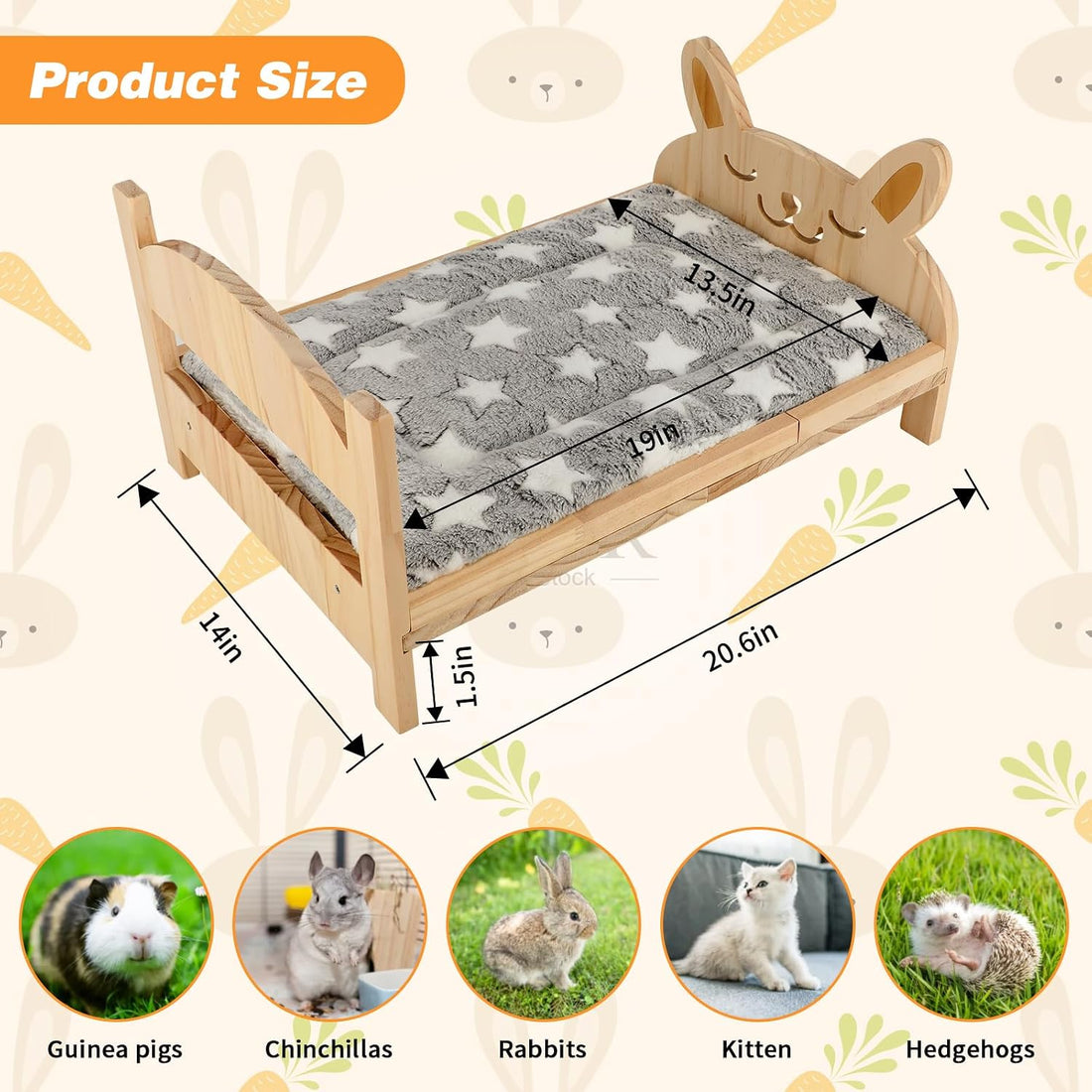 Large Wooden Rabbit Bed, 2-in-1 Bunny Bed with Gray Star Mat