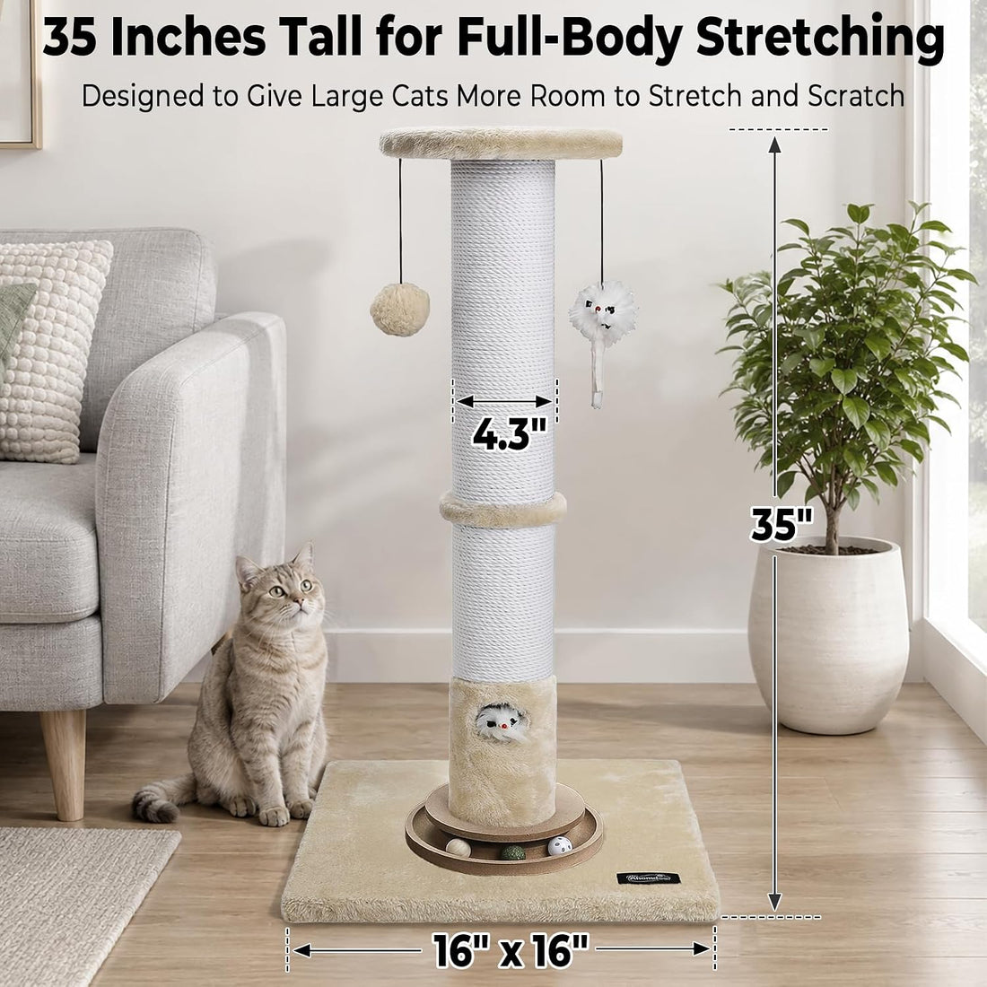 35-Inch Tall Cat Scratching Post, Stable Base for Large Cats