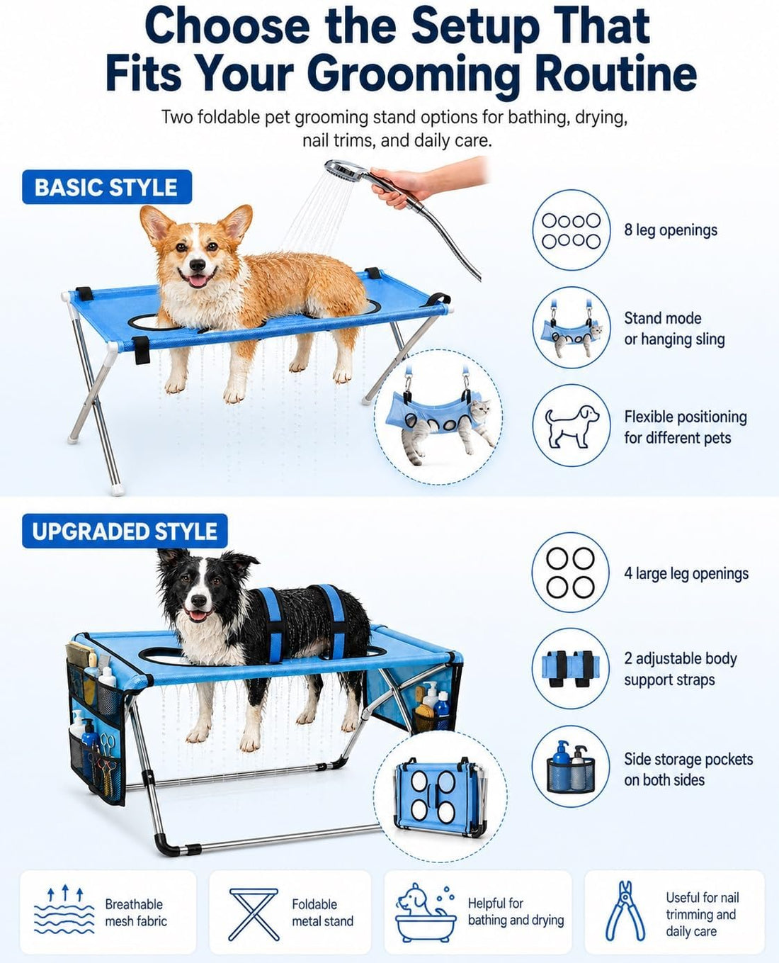 Dog Grooming Hammock Stand, Foldable Dog Bath Holder Sling Shower