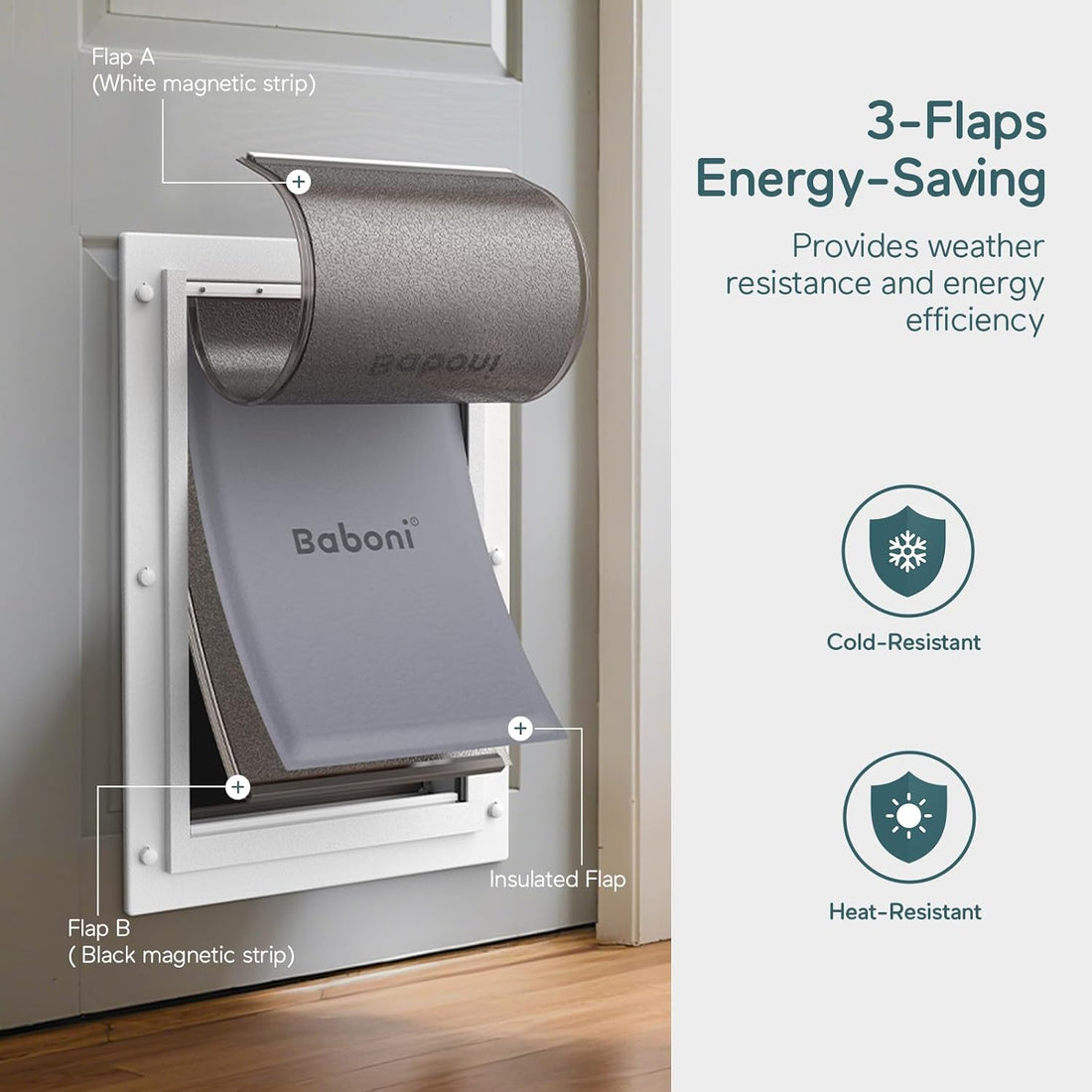 Baboni 3-Flaps Pet Door for Interior and Exterior Doors