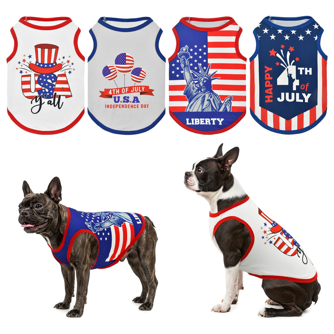 LyssKMK 4-Pack Patriotic Dog Tank Tops 4th of July Sleeveless Shirts