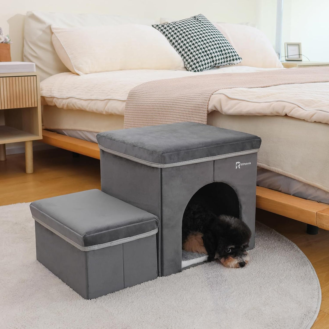 Foldable Pet Stairs with Cozy House & Storage