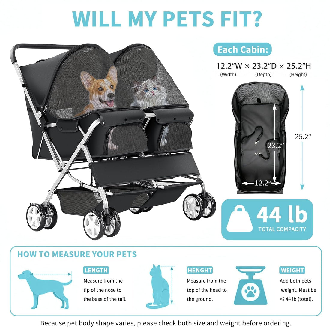 Double Pet Stroller for 2 Dogs & Cats, Side-by-Side