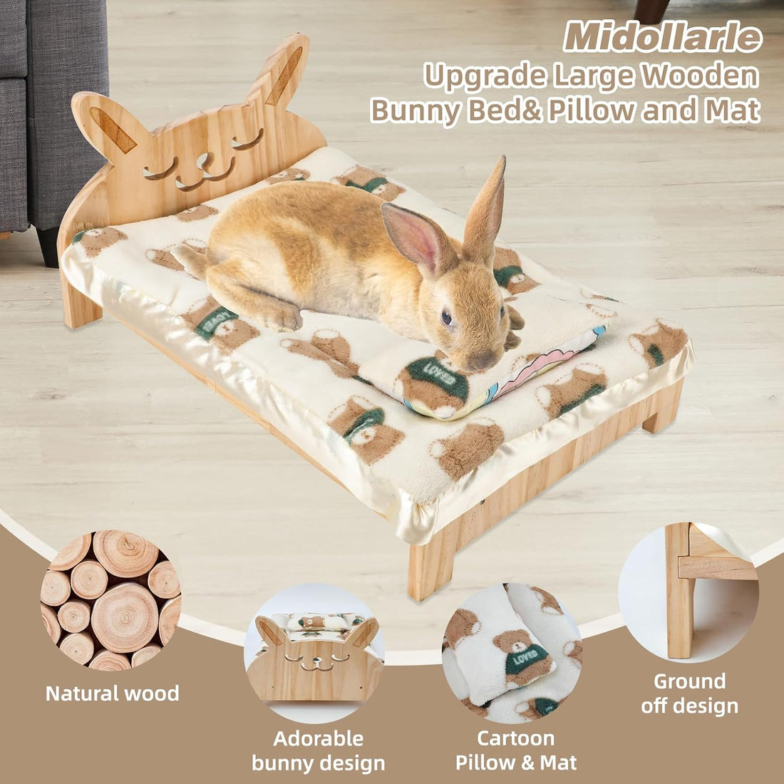 Large Wooden Rabbit Bed, 2-in-1 Bunny Bed with Gray Star Mat
