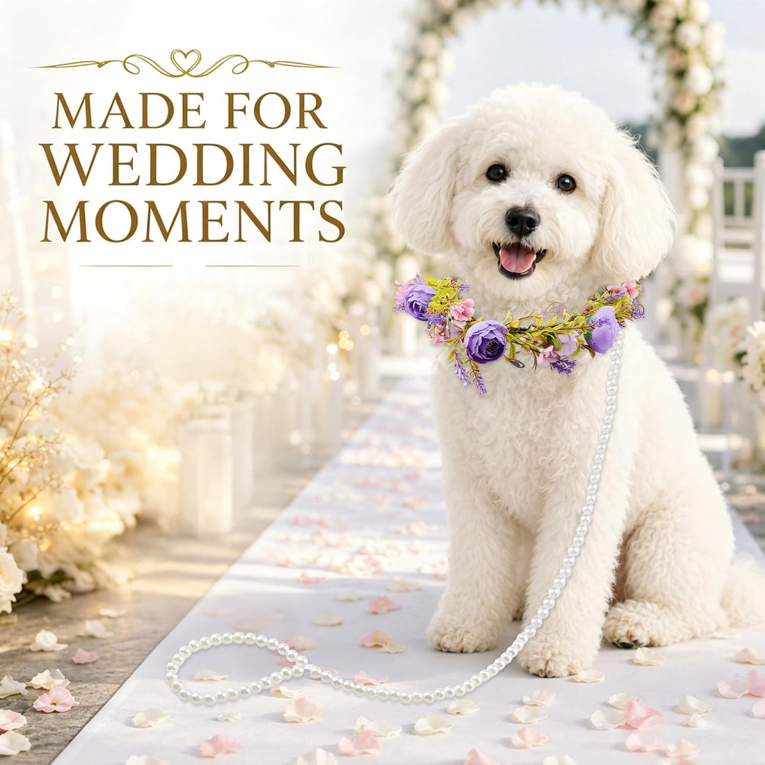 Dog Wedding Flower Collar with Pearl Leash,2 PCS Purple Rose