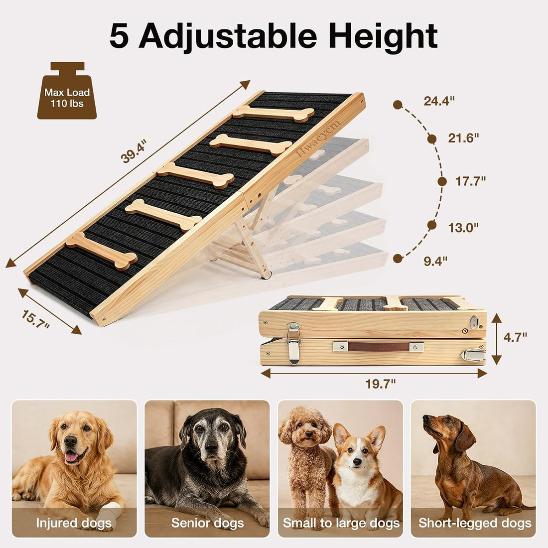 Dog Ramp for Bed & Couch, Height Adjust Foldable Wooden Pet Ramp