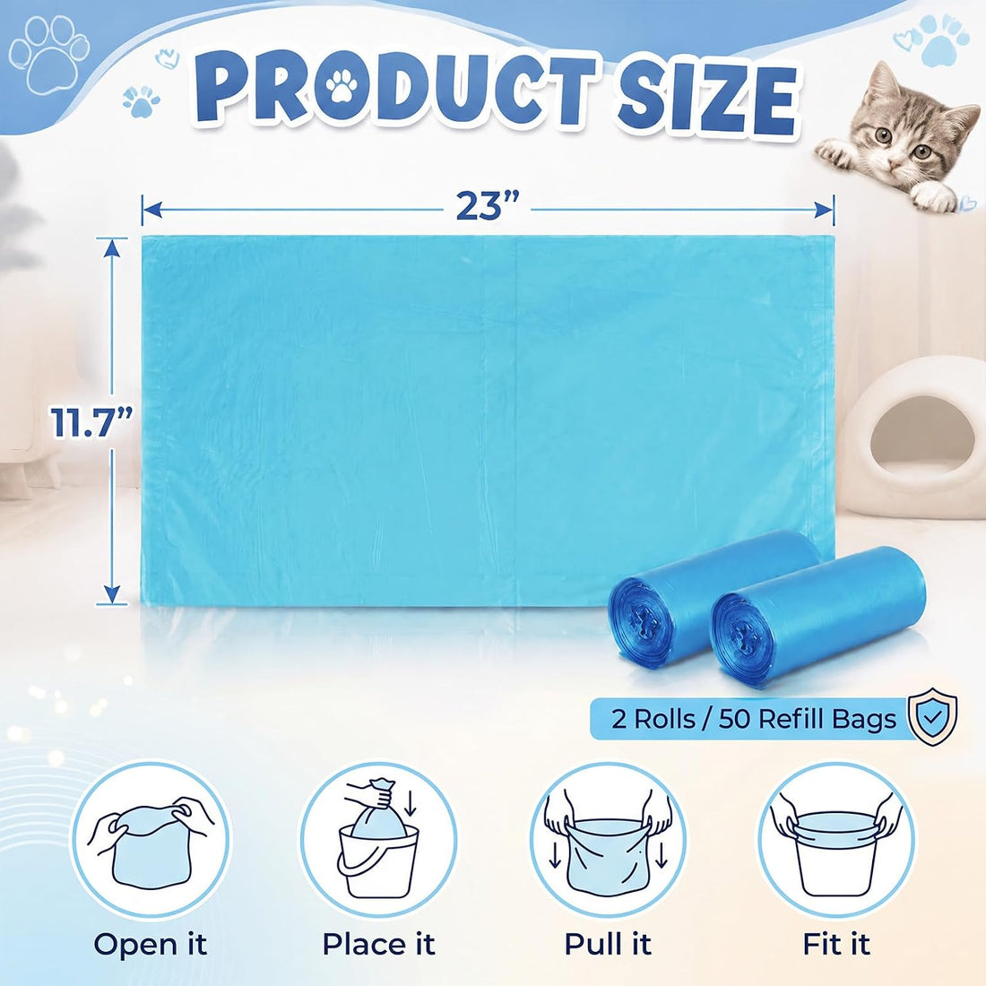 Glenmal 50 Count 2 Rolls Cat Litter Refill Bags, 7-Layer Odor Control