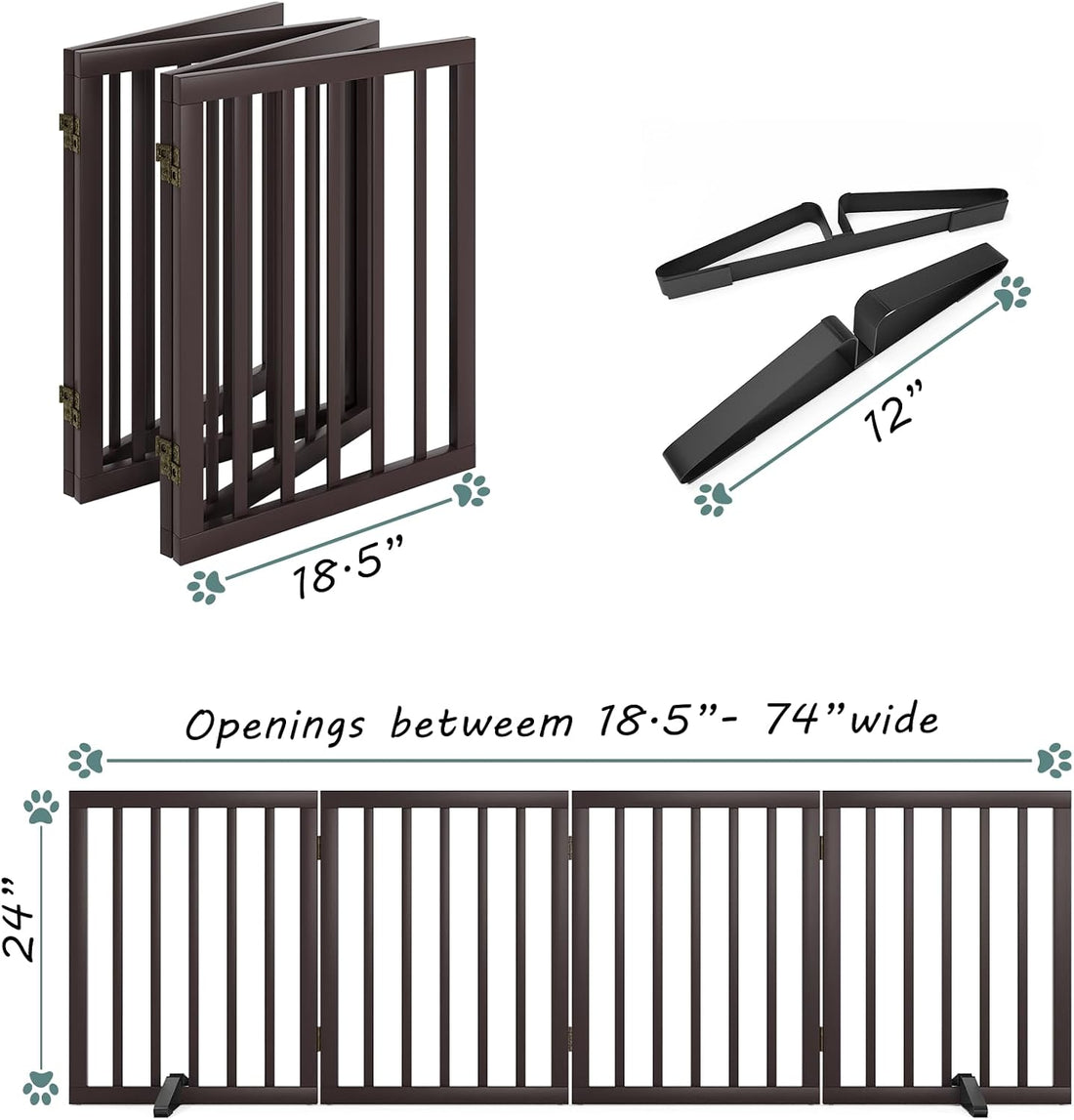 Wooden Dog Gate Freestanding Foldable 4 Panel Pet Gates Extra Wide