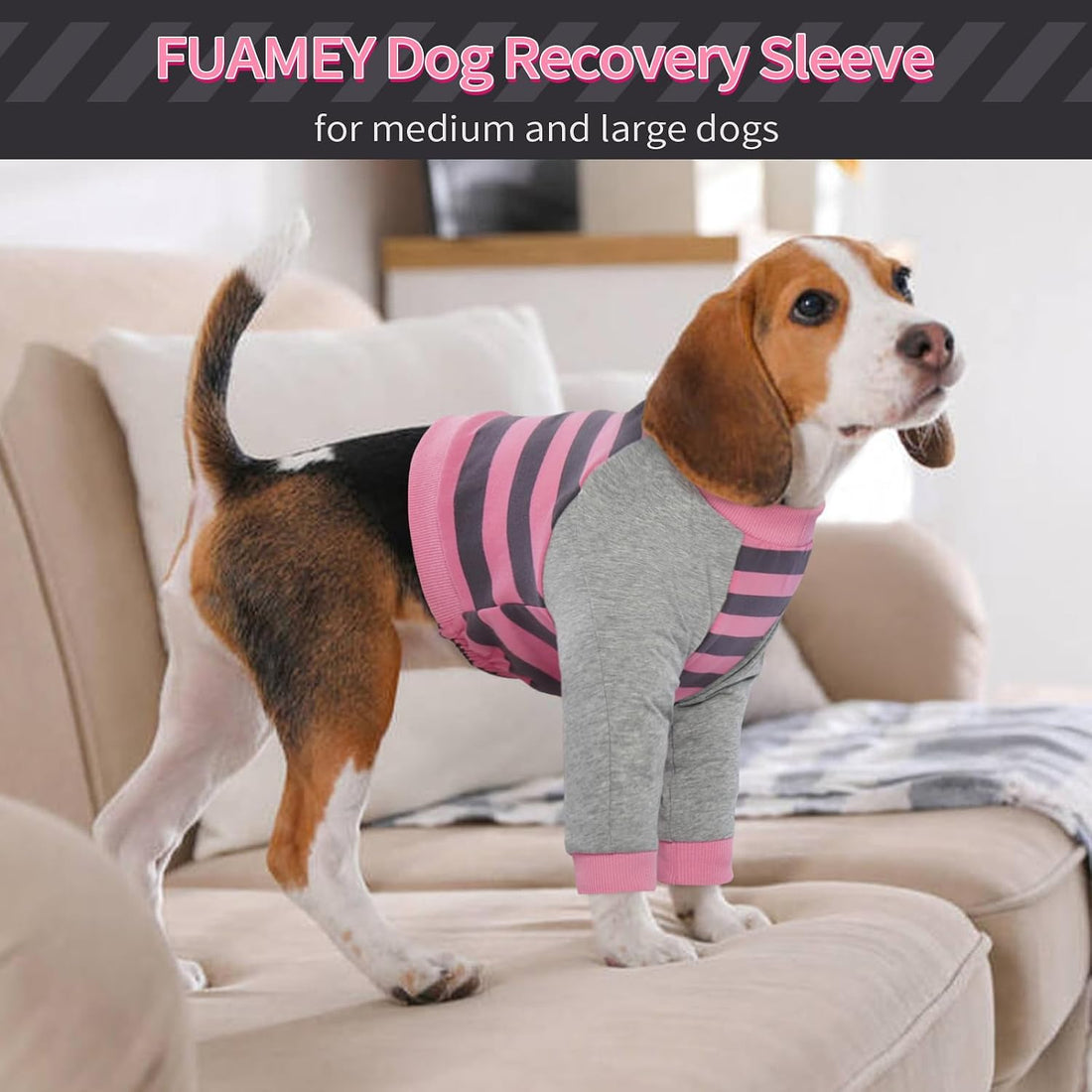 FUAMEY Dog Recovery Sleeve with Elbow Protector, Pink Stripes, L