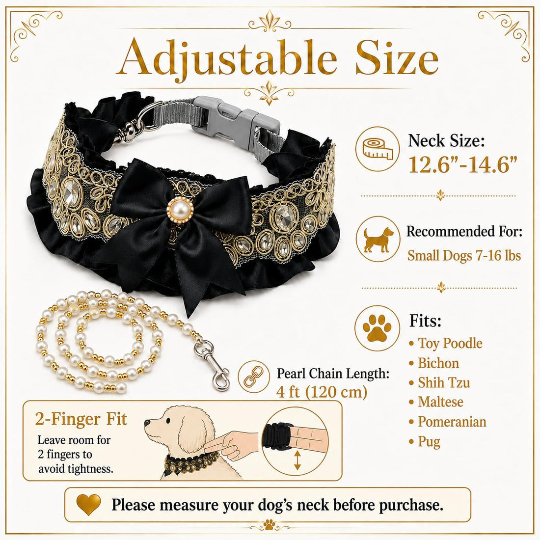 Dog Wedding Collar & Pearl Leash Set for Small Dogs, Black Gold