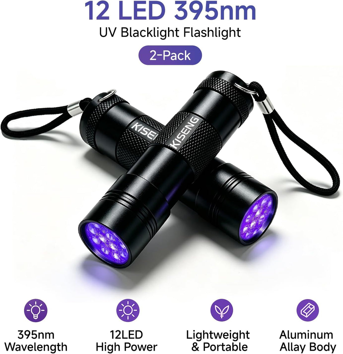 2 Pack 395nm 12 LED Handheld UV Mini Flashlight