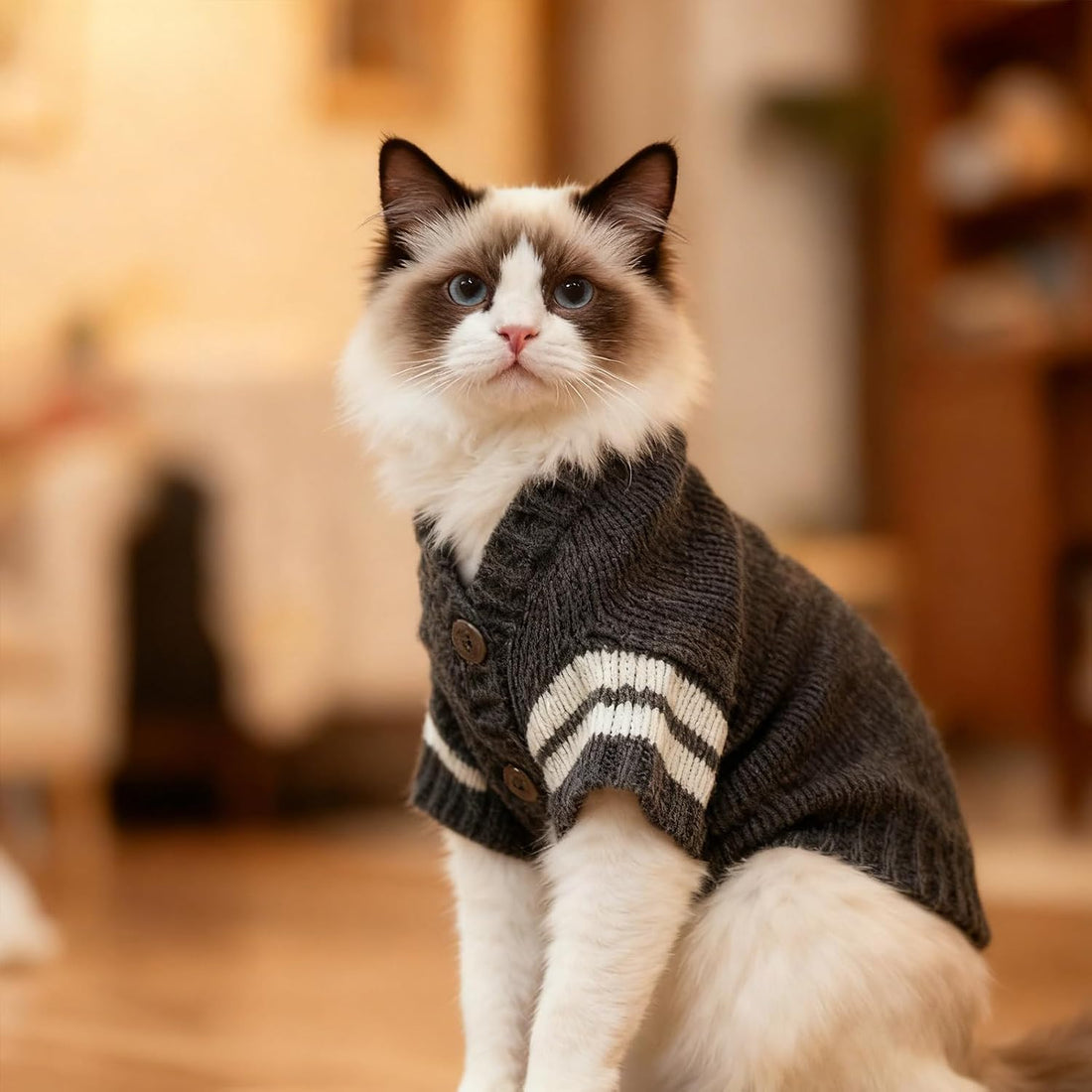 EXPAWLORER Knit Cat Sweater - Soft Warm Cat Clothes Cardigan, Grey S