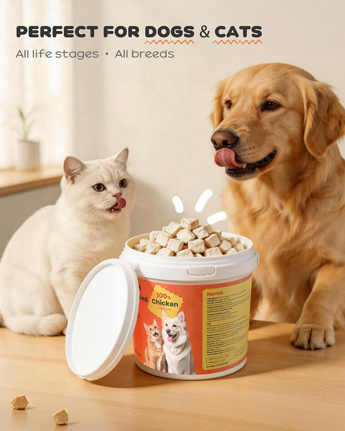 Kasrech Freeze Dried Chicken Treats for Cats & Dogs, 17.64 oz