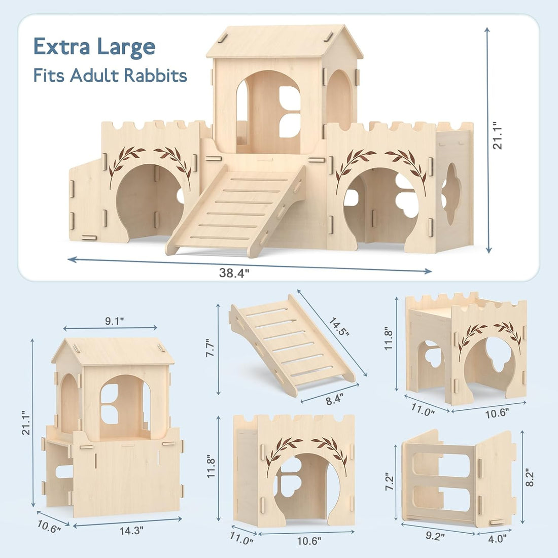 2-Level Wooden Rabbit Castle with Ramp and Hay Feeder
