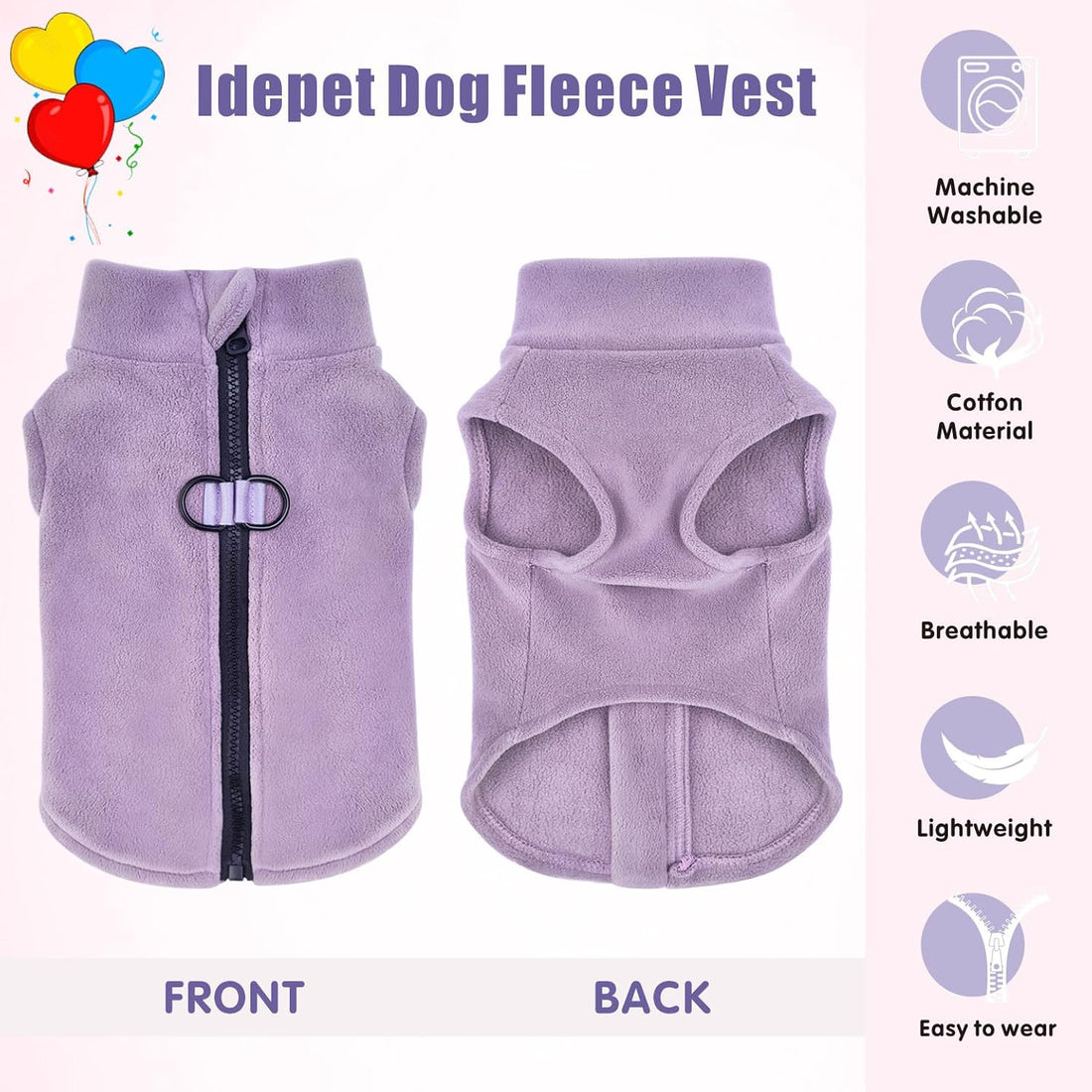 Idepet Dog Fleece Vest Sweater Zip Up Warm Pullover Dogs Jacket