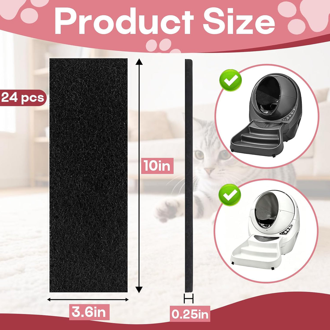 12-Pcs 10 x 3.6 x 0.25 in Activated Carbon Litter Box Filter