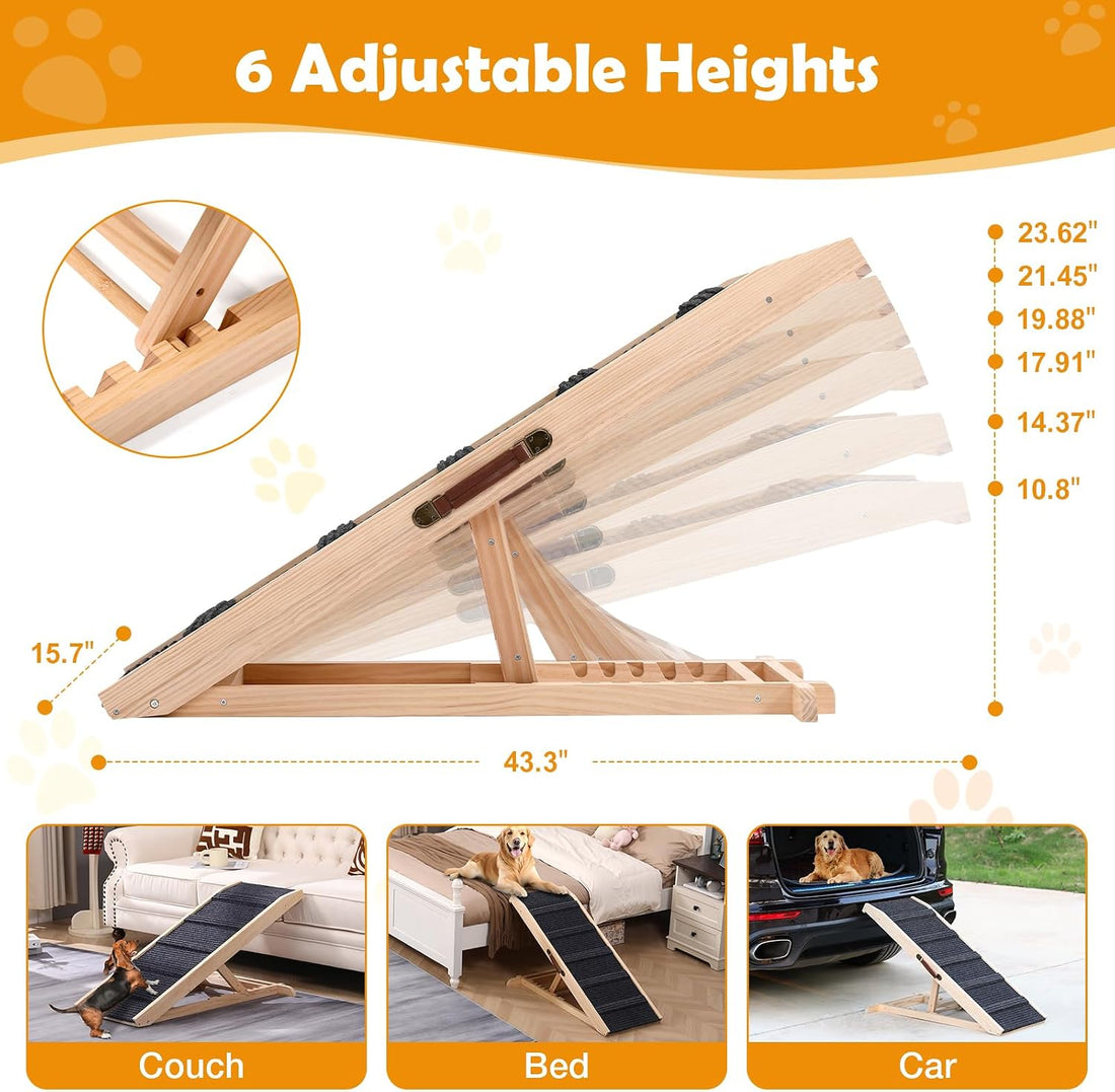 43" Foldable Dog Ramp 6-Level Adjustable Non-Slip for Bed Couch Car