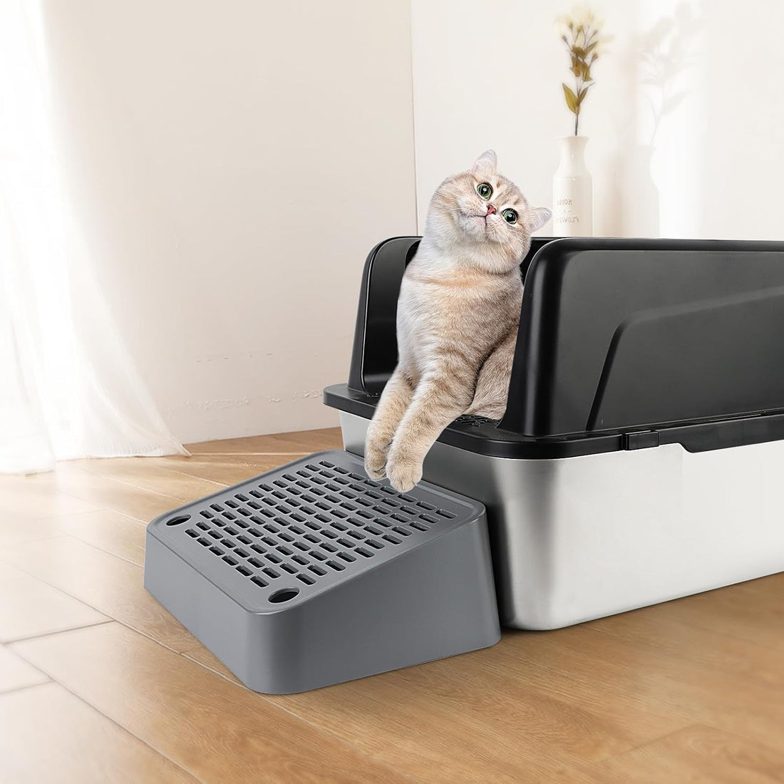 Litter Box Step, Cat Ramp Step Catcher with Filter Function, Grey