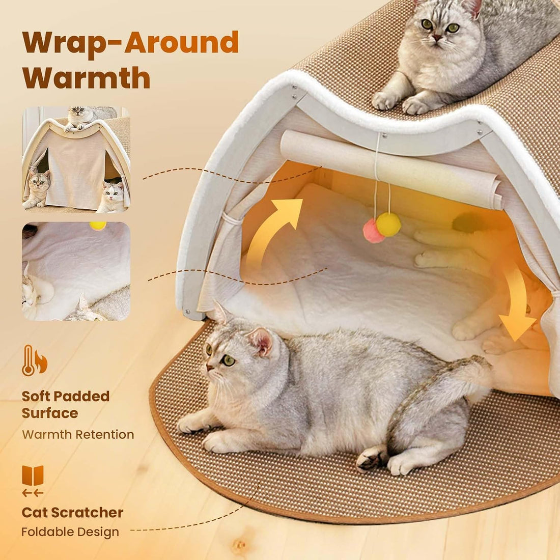 Cat Houses for Indoor Cats - 4 Seasons Cat Bed Cave with Natural