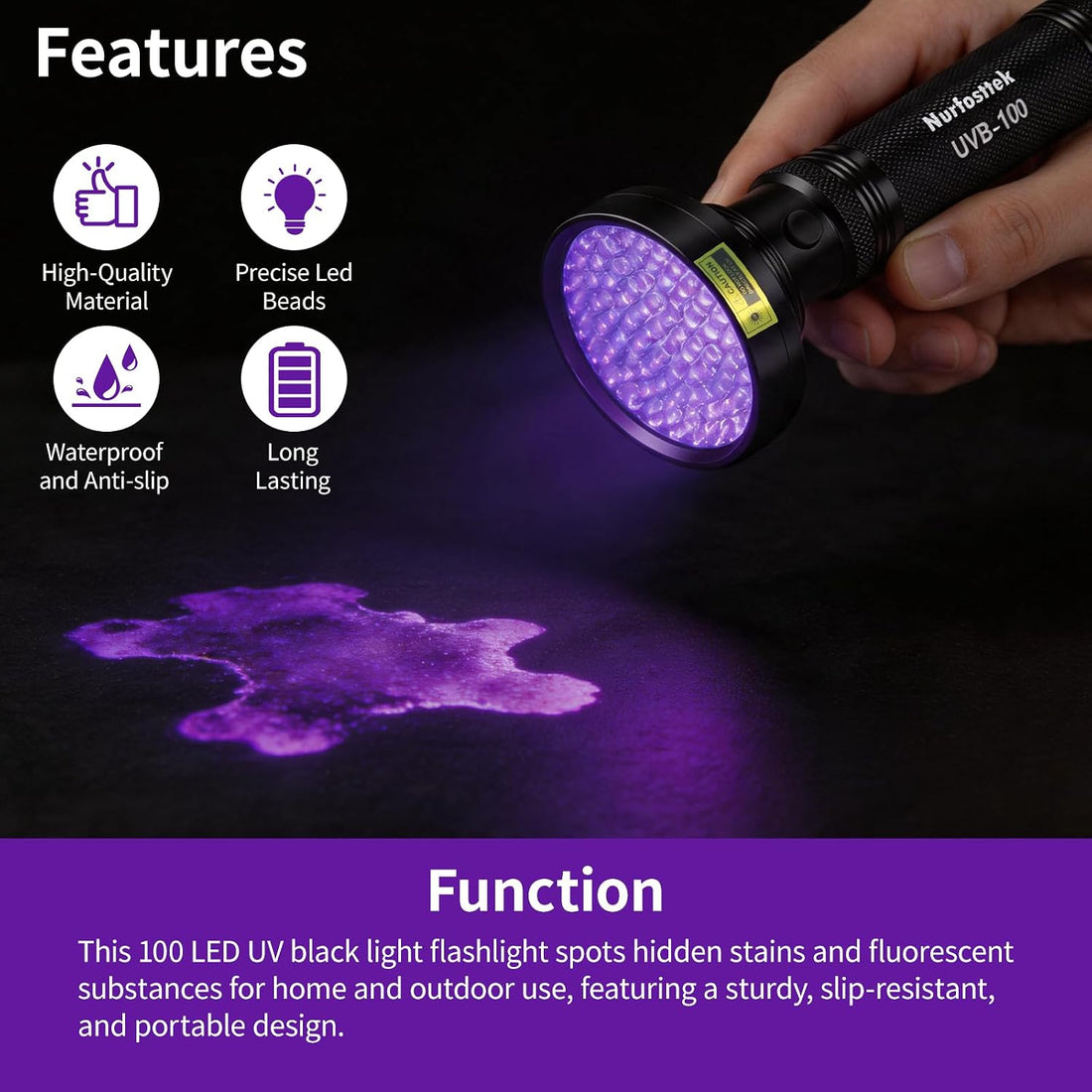 100 LED UV Black Light Flashlight, Pet Stain Detector