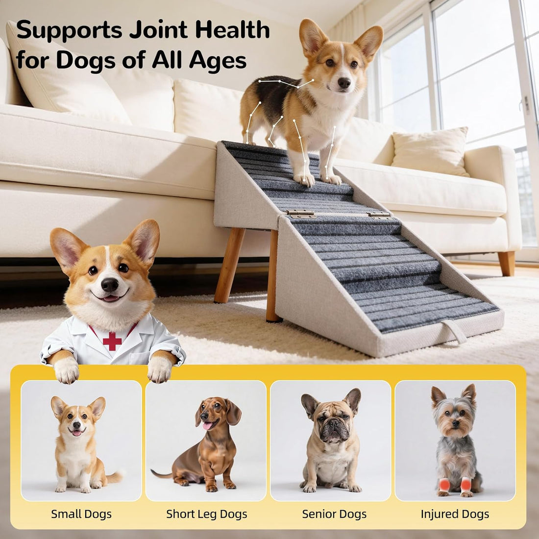 Dog Stairs for Small Dogs, 2-in-1 Dog Safety Ramp and Ottoman