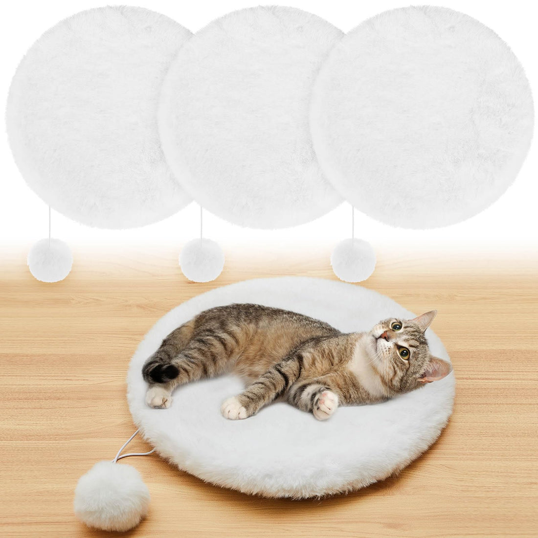 Abbylike 3 Pack 14" Round Cat Dog Bed Cushion Pad Mat Faux Rabbit Fur