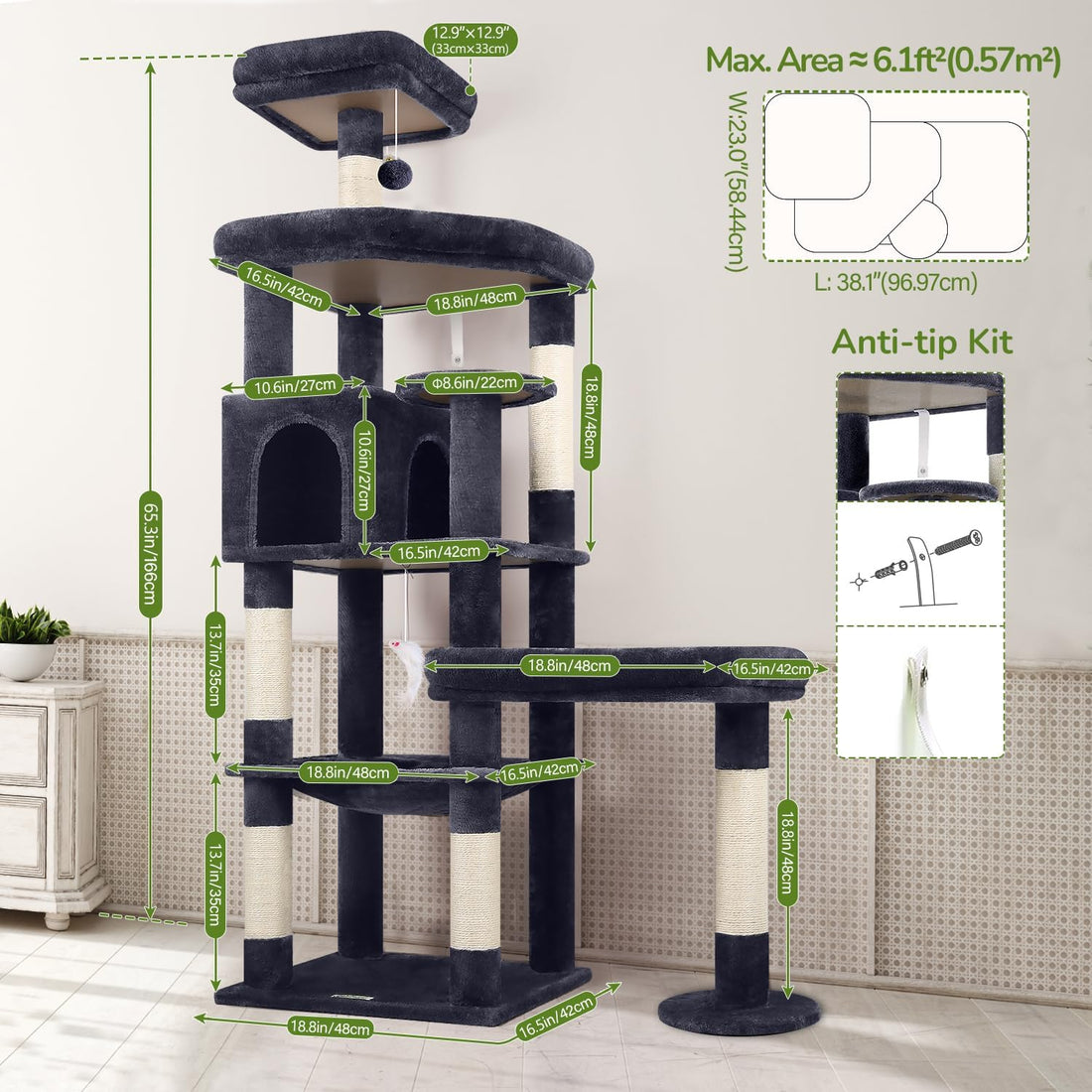 Globlazer 65in Sturdy Cat Tree Tower for Indoor Large Cats, S65