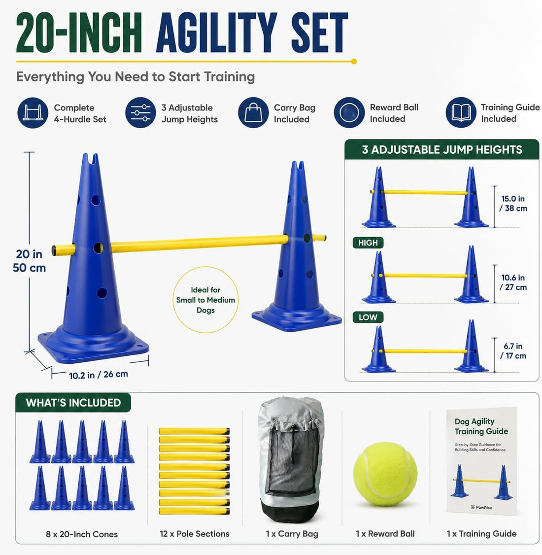 Dog Agility Equipment, 20-Inch Hurdle Set, 10.6 oz Weighted Cones