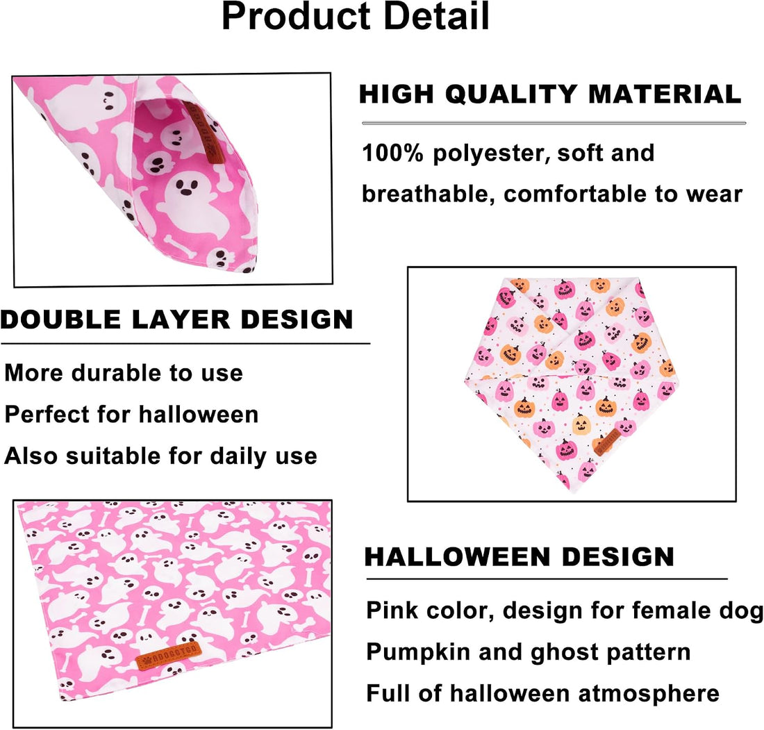 ADOGGYGO Halloween Dog Bandanas Girl, Pink Pumpkin Ghost Dog Scarf