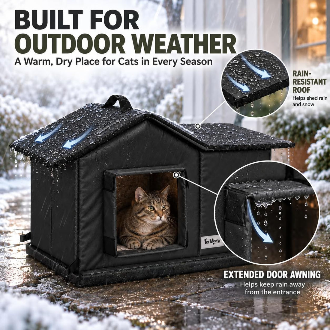 Insulated Outdoor Cat House，Thick Sponge Base Against Cold Ground