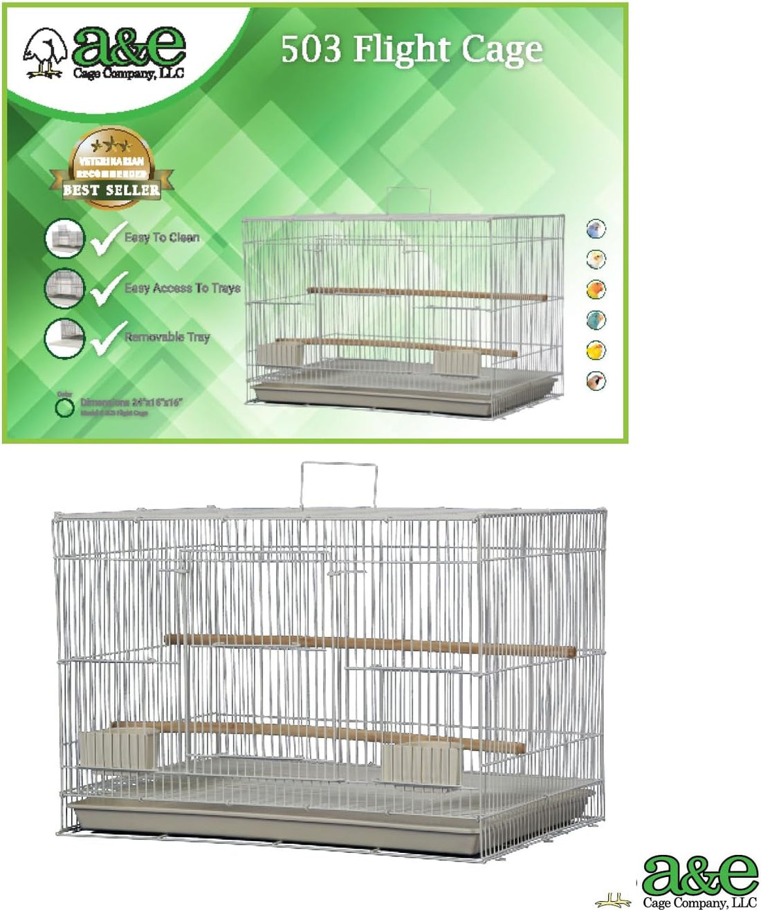 A&E Cage Co 503 Flight Bird Cage for Finches & Parakeets, 24"x16"x16"