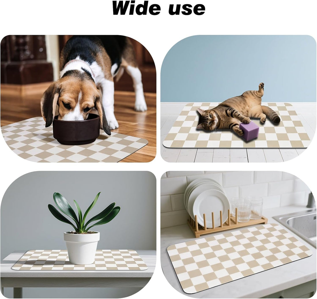 CooRug Checkered Dog Food Mat, Absorbent Leak-Proof Pet Feeding Mat