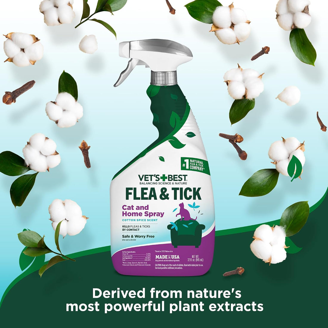 Vet's Best Cat Flea & Tick Spray 32 oz & Waterless Bath 5 oz Bundle