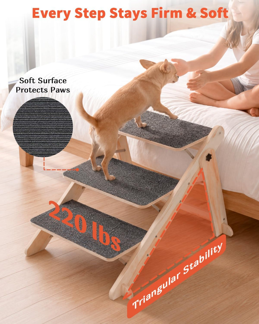 Woodure Foldable Dog Stairs, Convertible 3-Step Wooden Dog Ramp
