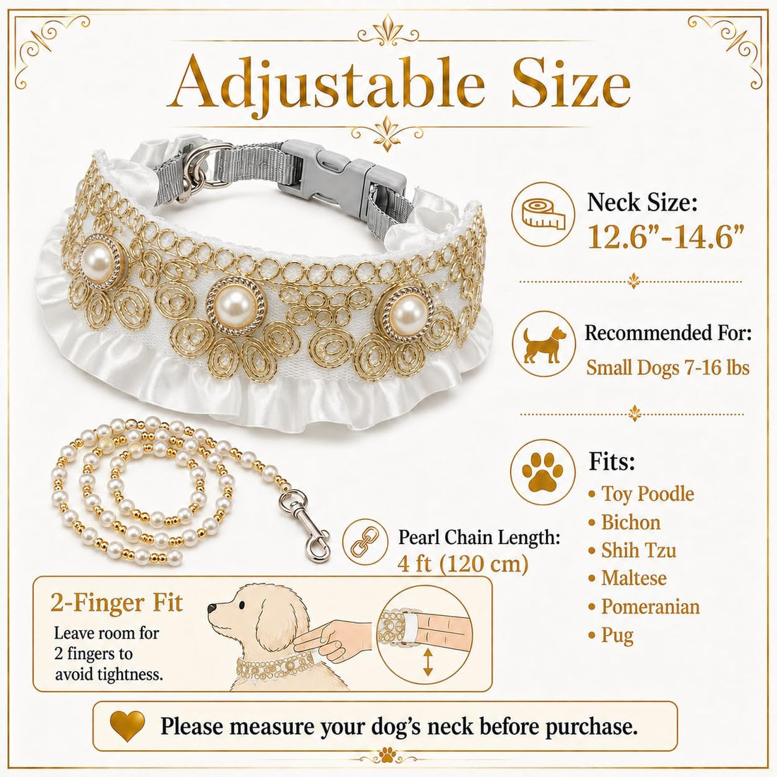 Dog Wedding Collar & Pearl Leash Set for Small Dogs, Black Gold