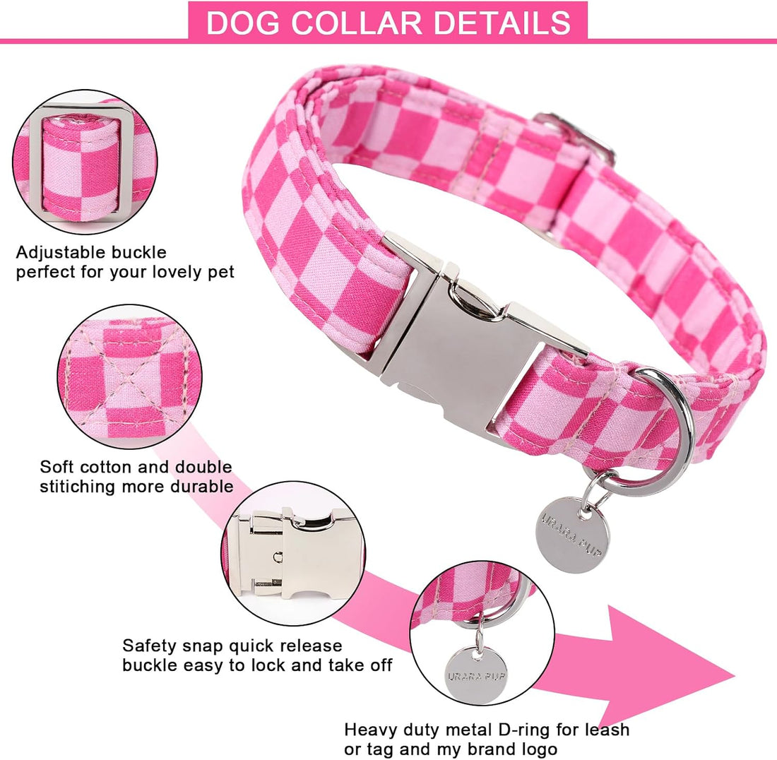 UP URARA PUP Dog Collar for Summer,Cute Pink Plaid Dog Collar,Cotton