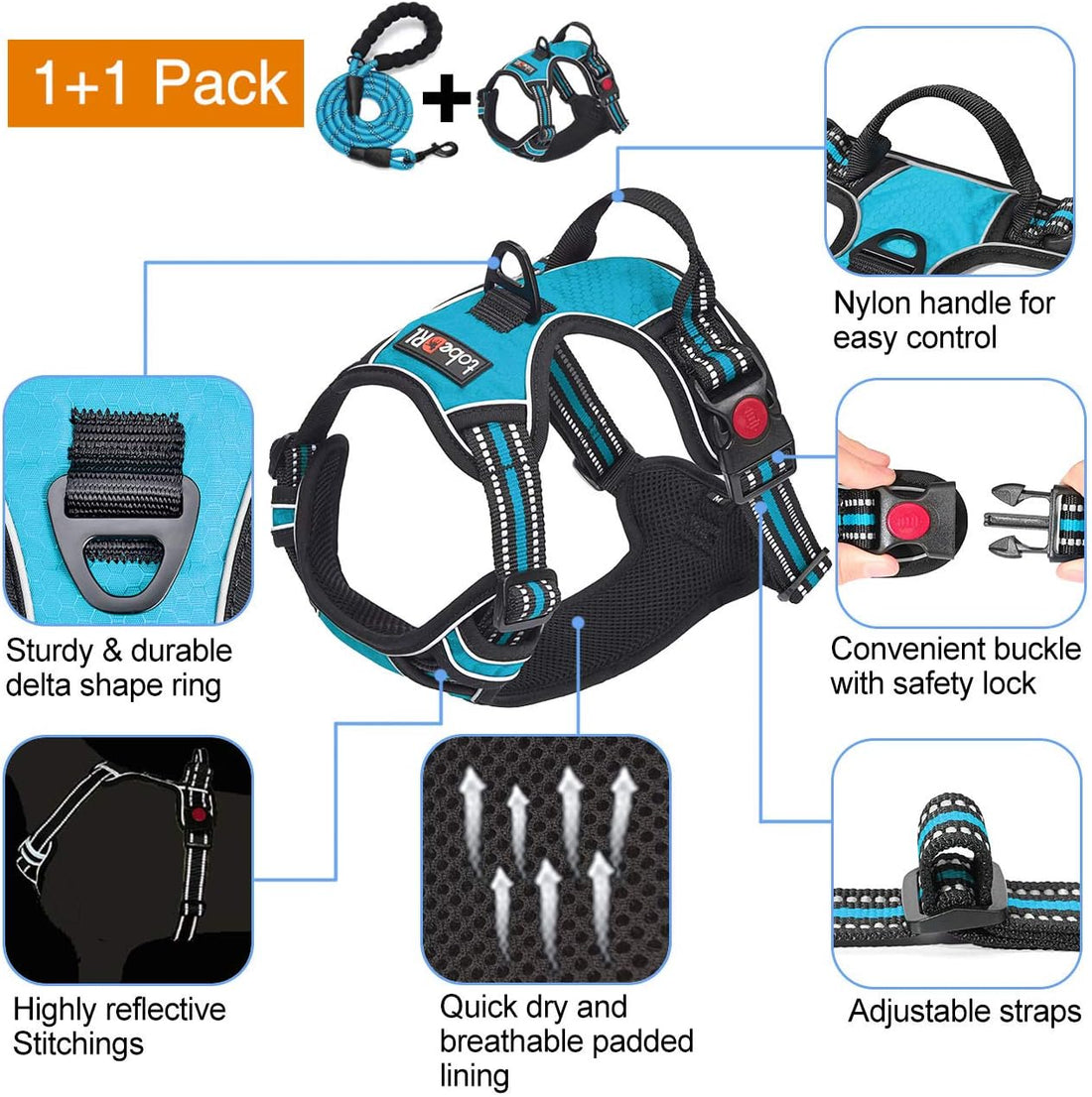 tobeDRI No Pull Dog Harness Adjustable Reflective Oxford Easy Control