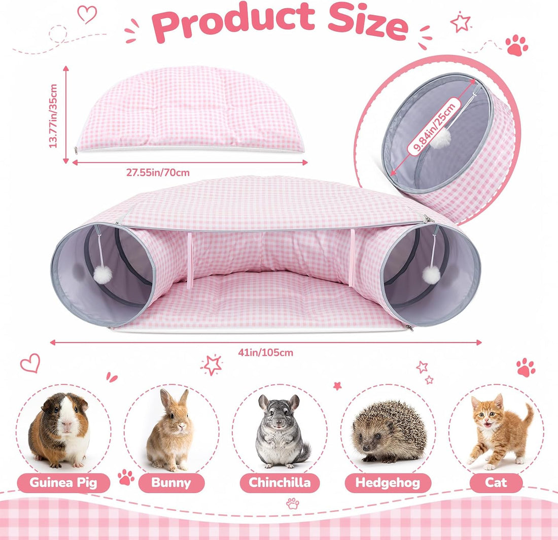 Bunny Tunnel Bed, 2-in-1 Collapsible Rabbit Guinea Pig Hideout
