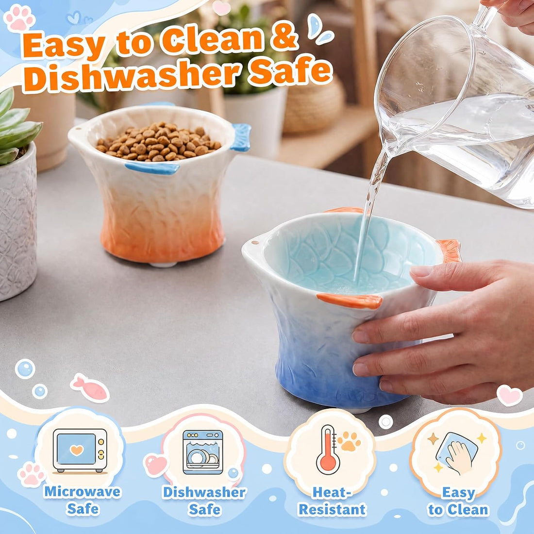 Tioncy 2 Pcs Raised Tilted Ceramic Cat Food Bowl Fish Shape Cute