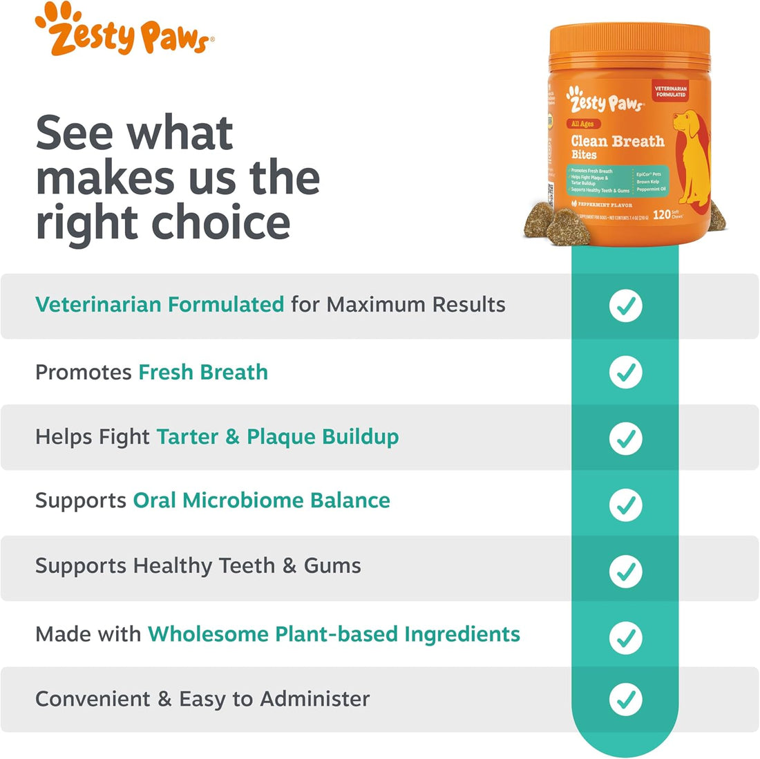 Zesty Paws Clean Breath Dental Chews for Dogs - Peppermint, 120 Ct