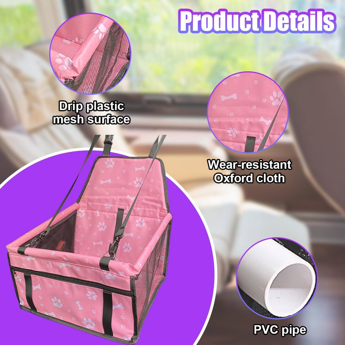 Pet Car Seat, Waterproof Oxford Dog Car Booster Seats, Pink Bone