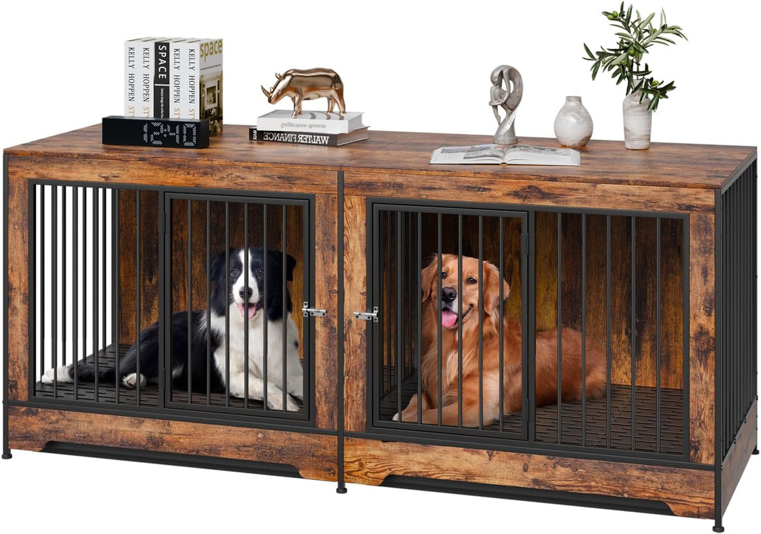 VEVOR 75 inch Dog Crate Furniture for 2 Dogs, Divider, Double Doors