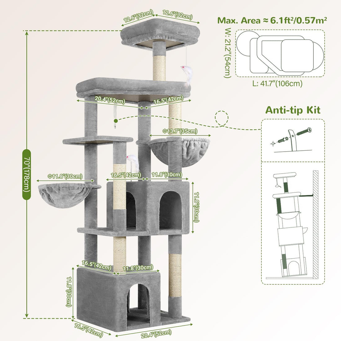 Globlazer Sturdy Cat Tree for Indoor Cats 20 lbs, S68, Cloud Grey